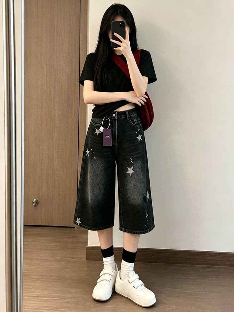작은 키 블랙 회색 별 프린트 찢어진 스트레이트 데님 반바지 여성 여름 캐주얼 루즈핏 7 점 중 바지 상세 이미지 10