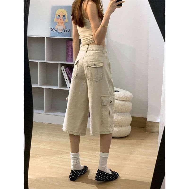 작은 키 살구 색상 아메리칸 레트로 넓은 다리 워크웨어 7 점 청바지 여성 여름 새로운 루즈핏 스트레이트 중 바지 상세 이미지 3