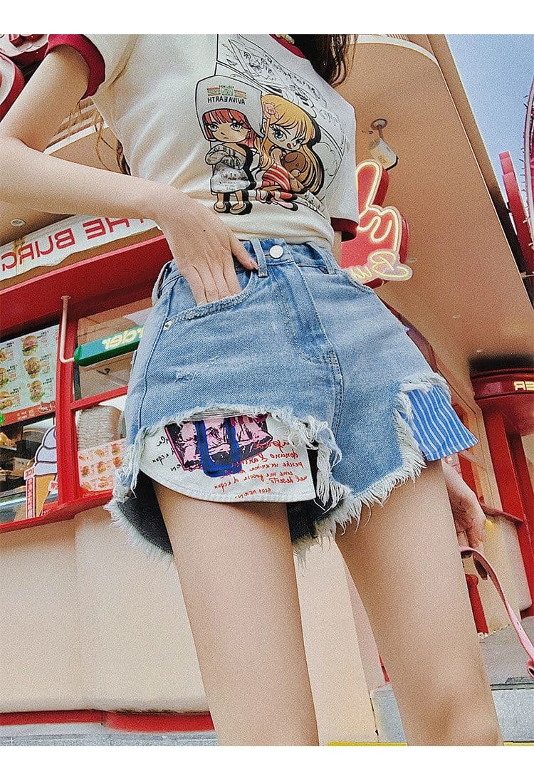 빅 사이즈 아메리칸 무거운 작업 찢어진 부분 거친 가장자리 데님 반바지 여성 여름 디자인 센스 한 마디 핫걸 핫 바지 초단 바지 상세 이미지 9
