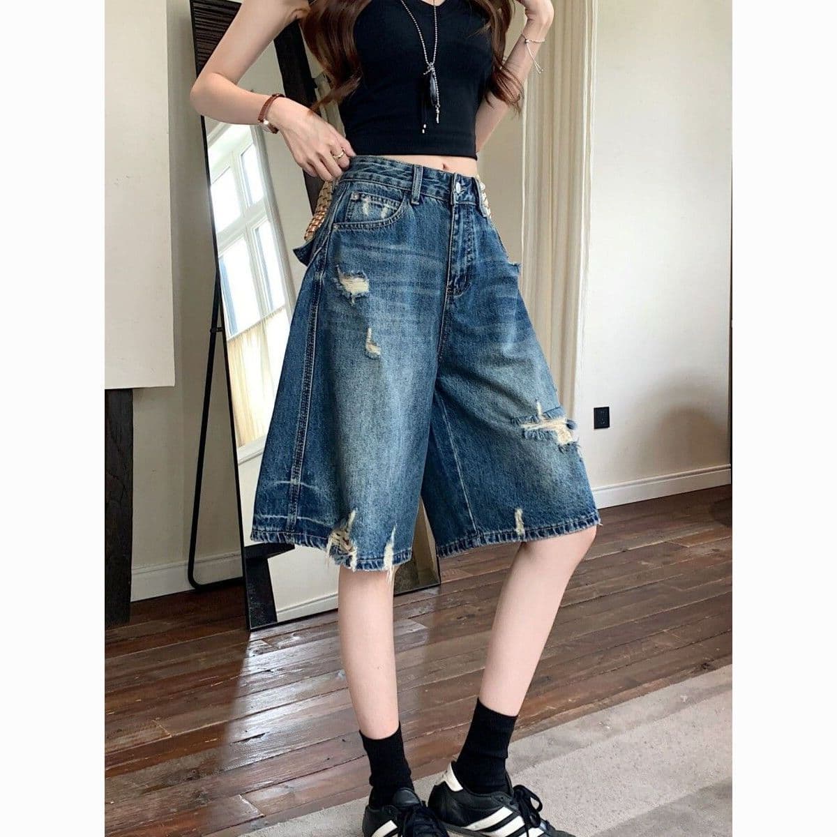 작은 키 아메리칸 레트로 블루 높음 거리 찢어진 넓은 다리 데님 반바지 여성 여름 새로운 찢어진 부분 5 점 중 바지 상세 이미지 1
