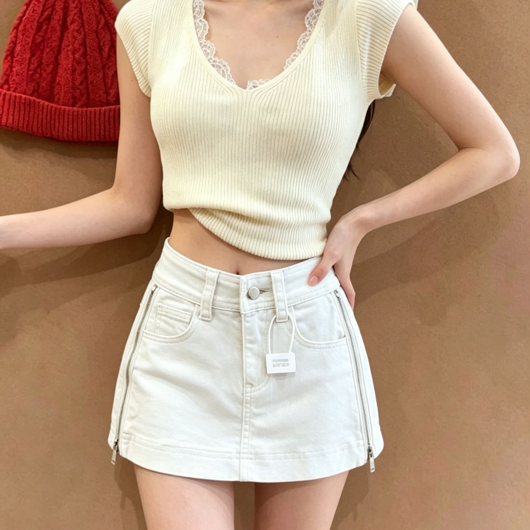 카키 색 더블 측면 지퍼 데님 미니 스커트 여성 여름 새로운 하이웨이스트 한 마디 슬림해 보이는 핫걸 초단 반신 스커트 이미지 3