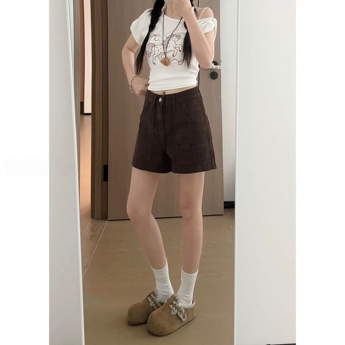 작은 키 레트로 하이웨이스트 워크웨어 스트레이트 데님 반바지 여성 여름 핫걸 브라운 루즈핏 슬림해 보이는 뜨거운 바지 상세 이미지 4