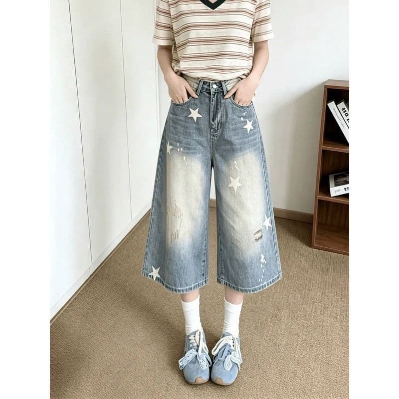 작은 키 레트로 하늘색 별 프린트 찢어진 부분 워싱 스트레이트 데님 반바지 여성 여름 찢어진 7부 바지