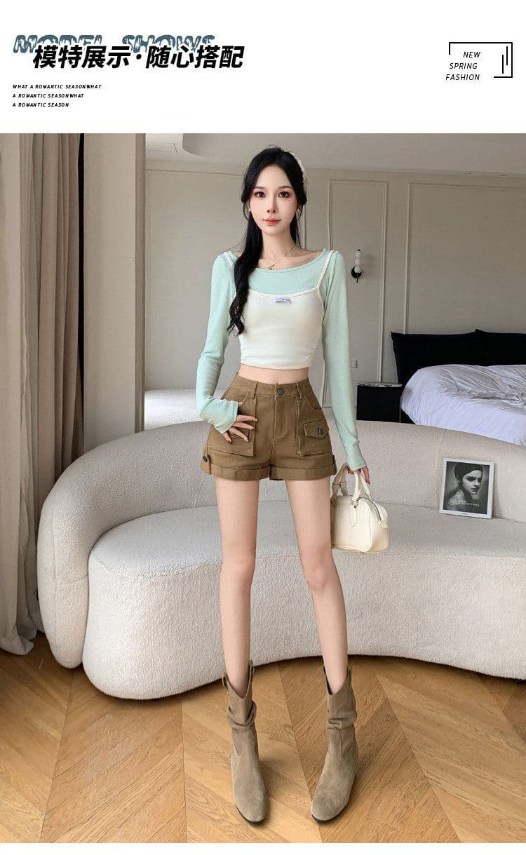 하이웨이스트 아메리칸 워크웨어 데님 반바지 여성 2026 가을 한 마디 슬림해 보이는 뒤집다 측면 신축성 핫걸 타이트 스커트 뜨거운 바지 상세 이미지 7