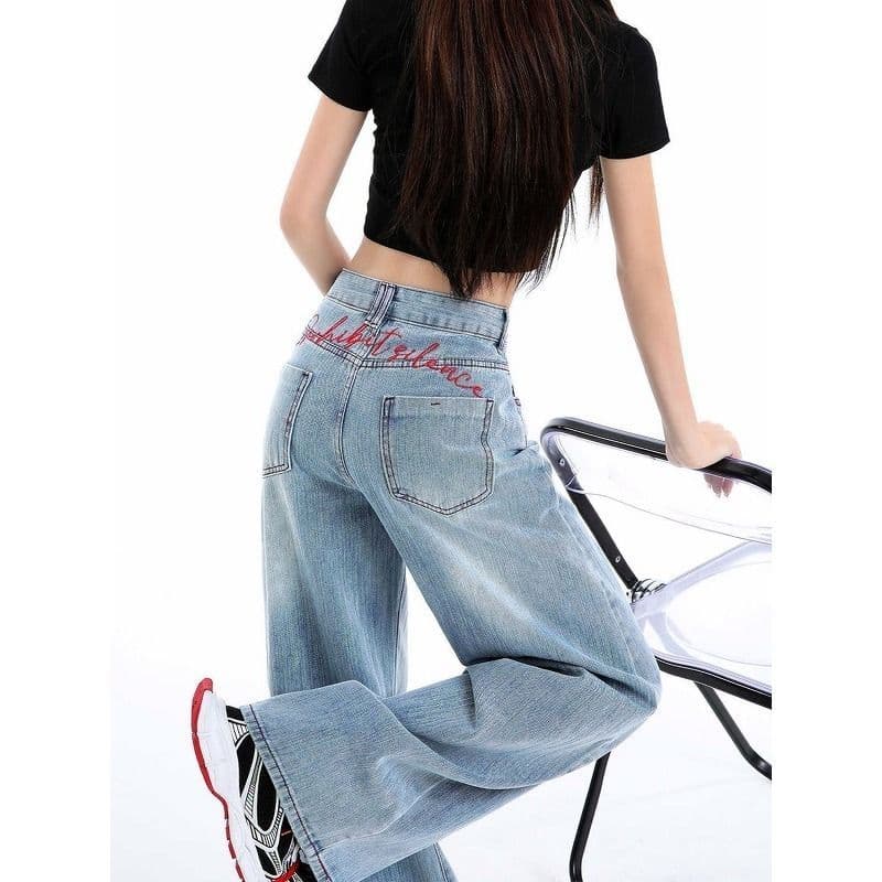 작은 키 하늘색 바지 이후 알파벳 자수 하이웨이스트 넓은 다리 청바지 여성 여름 루즈핏 슬림해 보이는 스트레이트 긴 바지 이미지 5