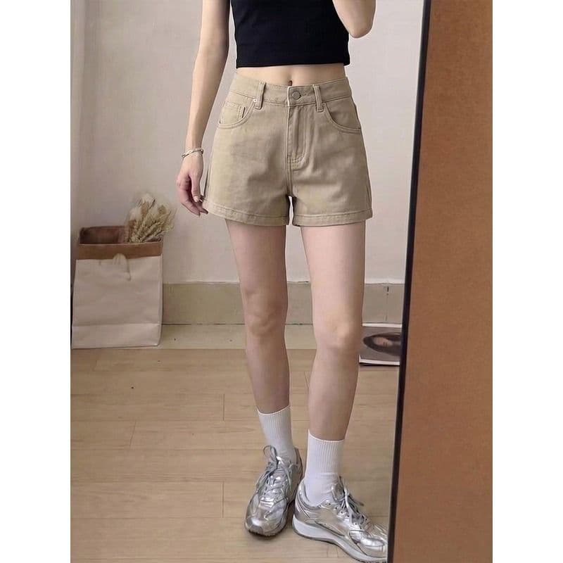 작은 키 아메리칸 카키 색 이후 주머니 플립 커버 하이웨이스트 스트레이트 데님 반바지 여성 여름 캐주얼 루즈핏 핫 바지 상세 이미지 4