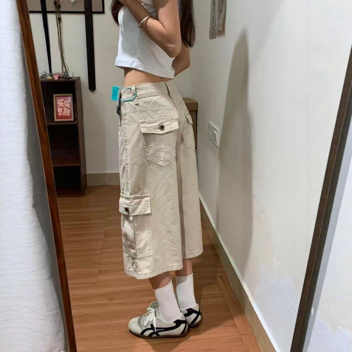 작은 키 살구 색상 워싱 데님 반바지 여성 여름 아메리칸 측면 주머니 디자인 넓은 다리 스트레이트 7 점 바지 트렌디