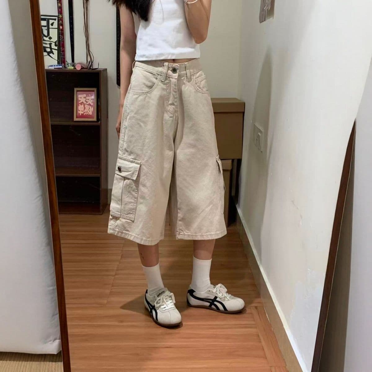 작은 키 살구 색상 워싱 데님 반바지 여성 여름 아메리칸 측면 주머니 디자인 넓은 다리 스트레이트 7 점 바지 트렌디 상세 이미지 5