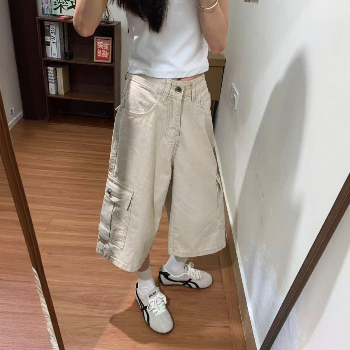 작은 키 살구 색상 워싱 데님 반바지 여성 여름 아메리칸 측면 주머니 디자인 넓은 다리 스트레이트 7 점 바지 트렌디 상세 이미지 8