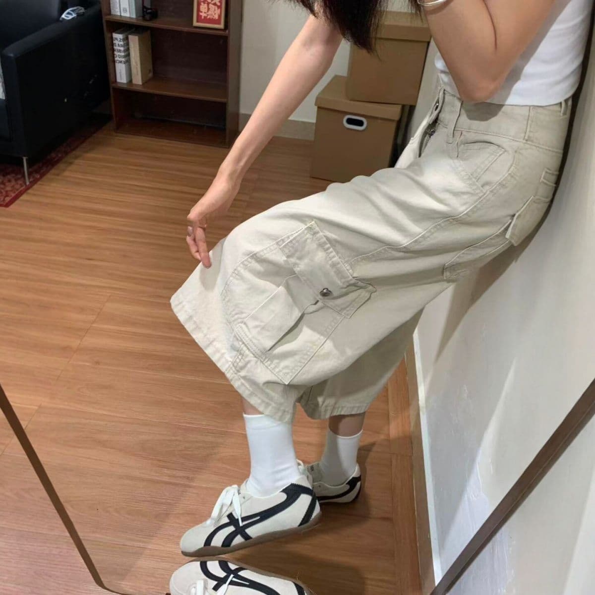 작은 키 살구 색상 워싱 데님 반바지 여성 여름 아메리칸 측면 주머니 디자인 넓은 다리 스트레이트 7 점 바지 트렌디 상세 이미지 9