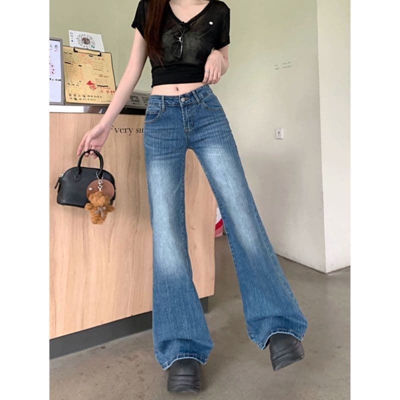 대나무 마디 곡물 부츠컷 파란색 청바지 여성 2026 여름 새로운 일상 출퇴근 착용 가져 가라. 패션 슬림해 보이는 나팔 바지 이미지 2
