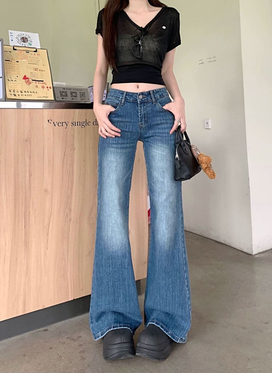 대나무 마디 곡물 부츠컷 파란색 청바지 여성 2026 여름 새로운 일상 출퇴근 착용 가져 가라. 패션 슬림해 보이는 나팔 바지 상세 이미지 5