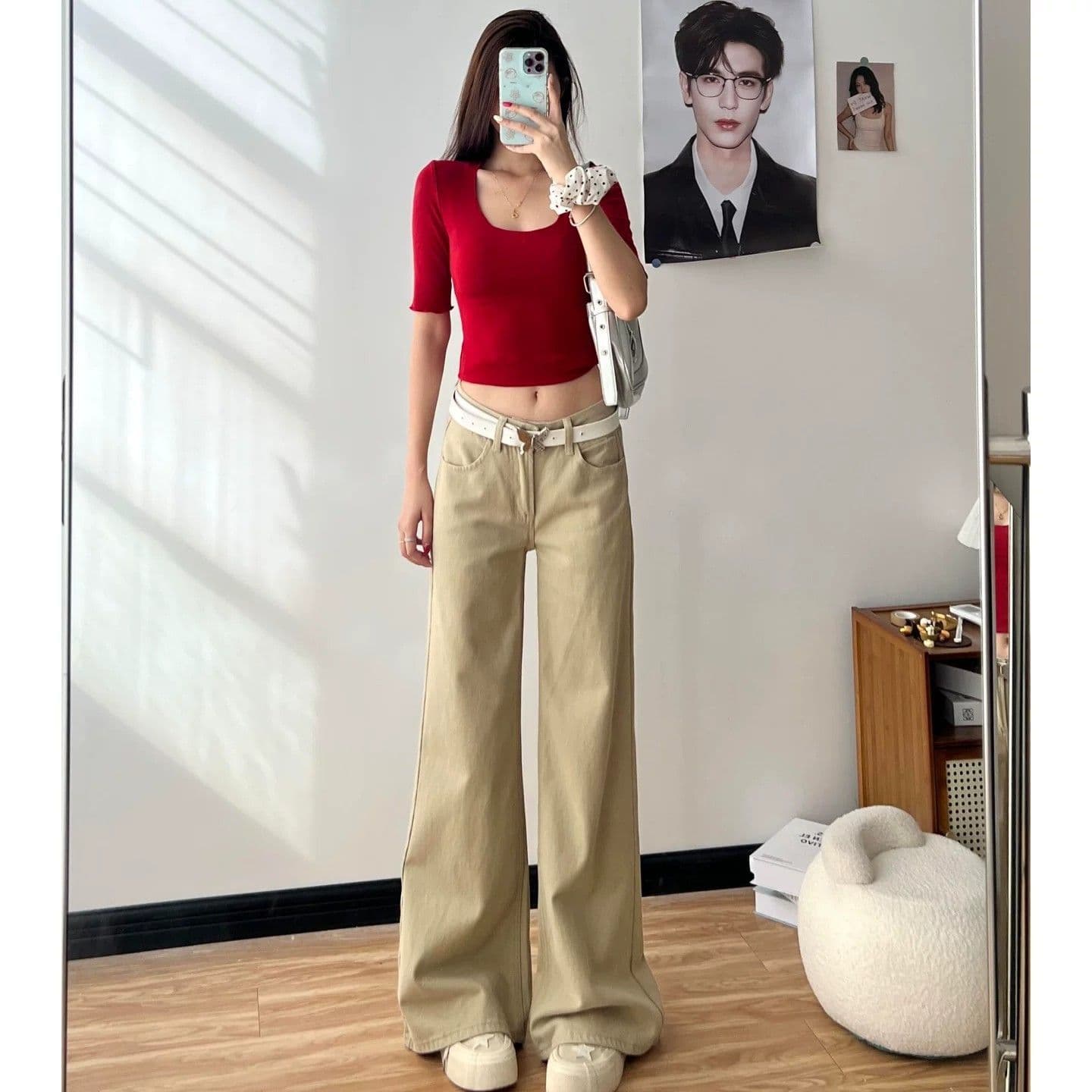 미니멀리즘 다용도 카키 색 부츠컷 청바지 여성 2026 여름 새로운 밝은 스타일 패션 섹션 나팔 바지 상세 이미지 1