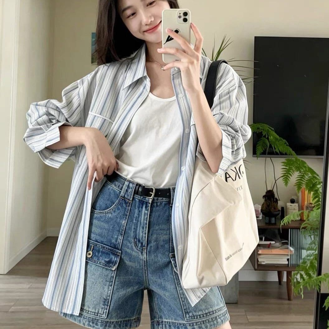워크웨어 기타 주머니 데님 반바지 여성 여름 2026 새로운 작은 키 슬림해 보이는 BF 바람 바지 외출용 4 점 바지 이미지 2