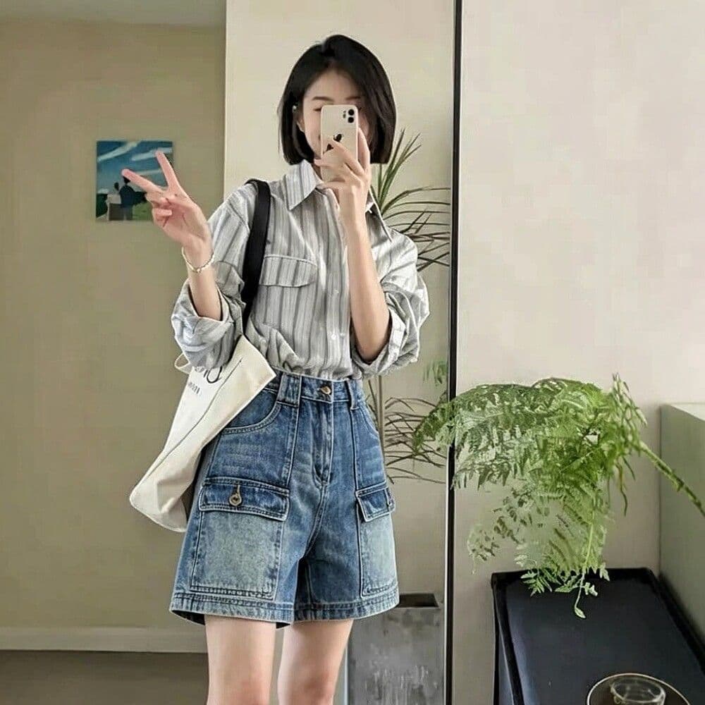 워크웨어 기타 주머니 데님 반바지 여성 여름 2026 새로운 작은 키 슬림해 보이는 BF 바람 바지 외출용 4 점 바지 상세 이미지 1