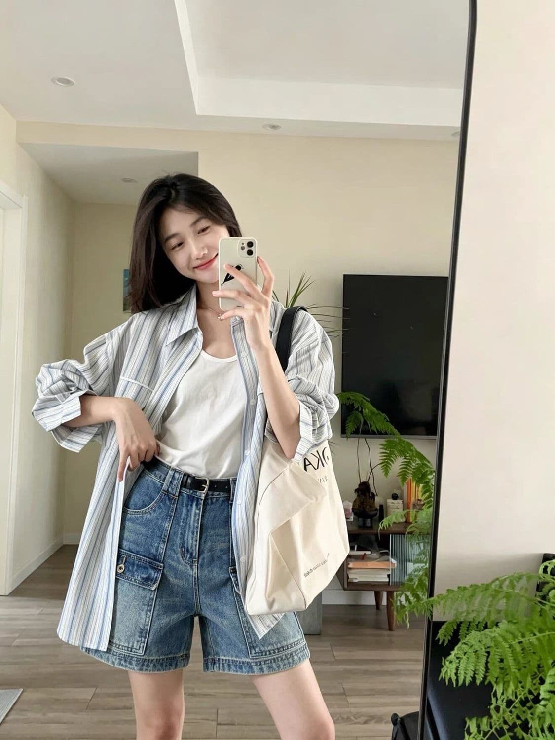 워크웨어 기타 주머니 데님 반바지 여성 여름 2026 새로운 작은 키 슬림해 보이는 BF 바람 바지 외출용 4 점 바지 상세 이미지 5