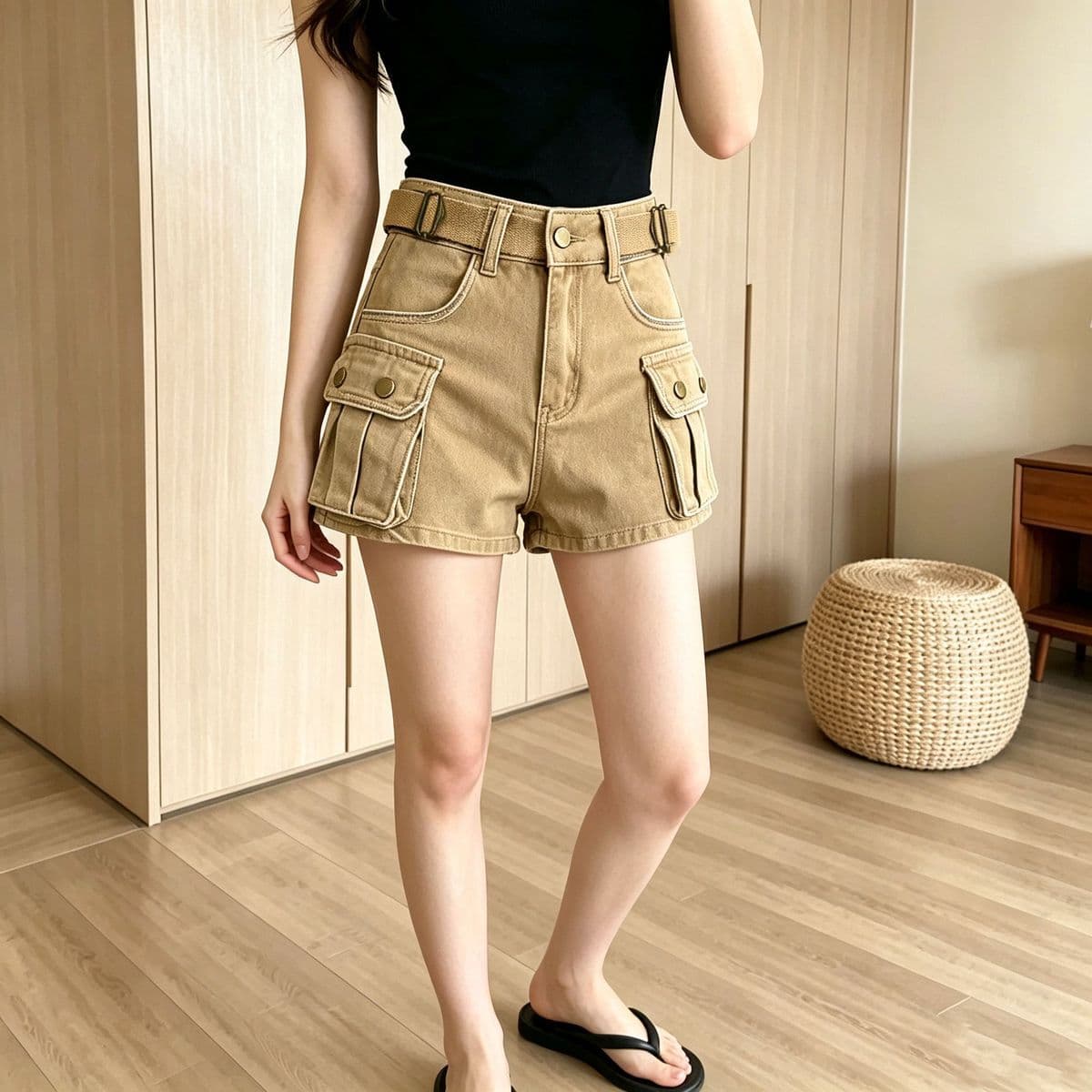 작은 키 아메리칸 핫걸 반바지 여성 워크웨어 청바지 여름 새로운 핫 바지 하이웨이스트 슬림해 보이는 한 마디 와이드 레그 팬츠 상세 이미지 8