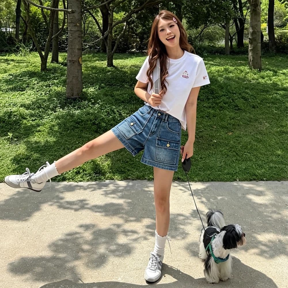 아메리칸 레트로 워크웨어 데님 반바지 여성 하이웨이스트 여름 루즈핏 슬림해 보이는 더블 주머니 디자인 센스 넓은 다리 뜨거운 바지 이미지 3