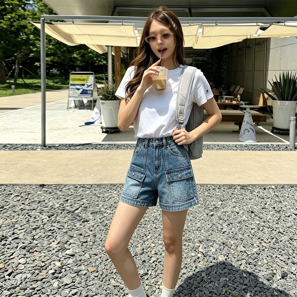 아메리칸 레트로 워크웨어 데님 반바지 여성 하이웨이스트 여름 루즈핏 슬림해 보이는 더블 주머니 디자인 센스 넓은 다리 뜨거운 바지 이미지 2
