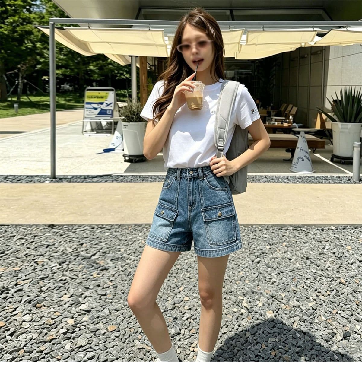 아메리칸 레트로 워크웨어 데님 반바지 여성 하이웨이스트 여름 루즈핏 슬림해 보이는 더블 주머니 디자인 센스 넓은 다리 뜨거운 바지 상세 이미지 6