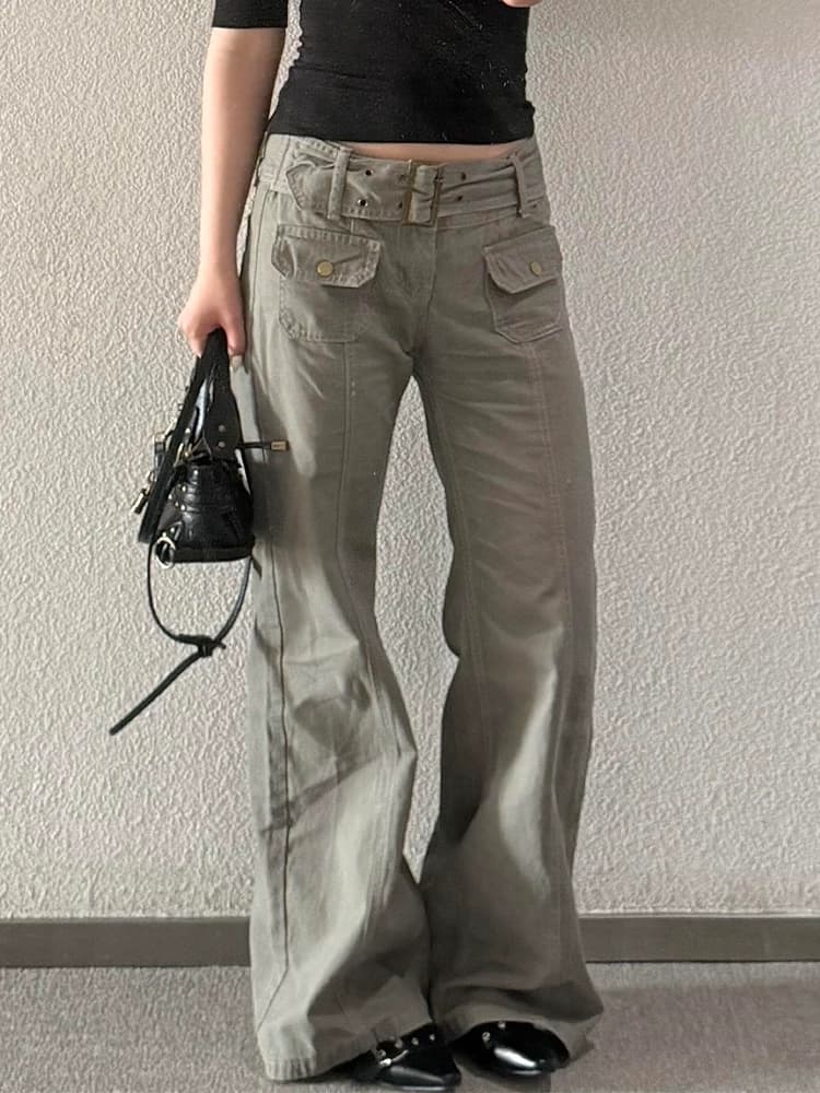 아메리칸 핫걸 레트로 회색 기능 바람 워크웨어 팬츠 아이들 여름 새로운 디자인 센스 루즈핏 스트레이트 바닥 청소 바지