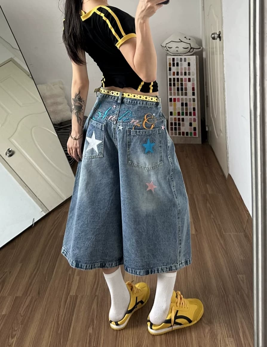 레트로 별 프린트 데님 7부 바지 여성 루즈핏 낙서 블루 바지 거리 바람 상세 이미지 6