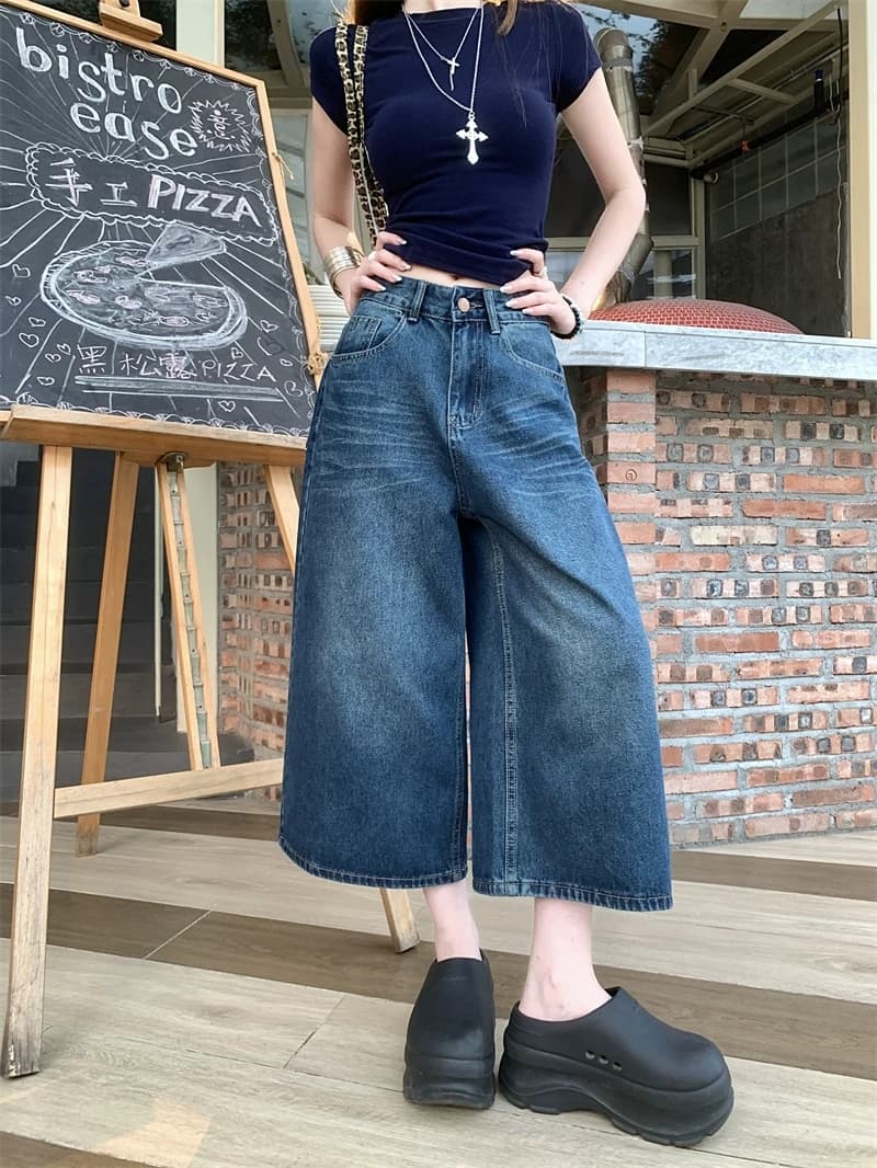 아메리칸 레트로 마 오래된 스트레이트 데님 바지 여성 여름 새로운 하이웨이스트 루즈핏 빅 사이즈 넓은 다리 8 점 청바지 상세 이미지 2