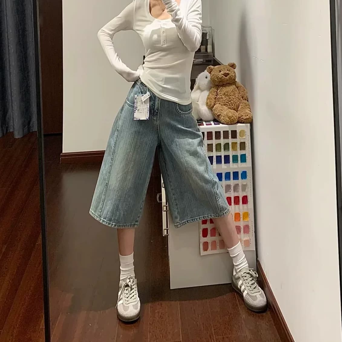 아메리칸 레트로 7 점 데님 반바지 여성 2026 여름 새로운 넓은 다리 슬림해 보이는 작은 키 워크웨어 스트레이트 바지 상세 이미지 4