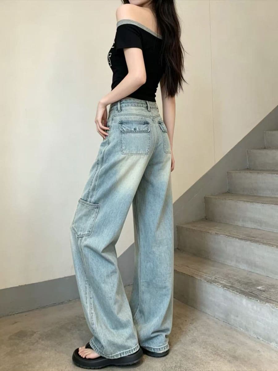 하늘색 워크웨어 기타 주머니 넓은 다리 청바지 여성 아메리칸 레트로 워싱 마 오래된 슬림해 보이는 도루 센스 바닥 청소 롱 바지 이미지 2