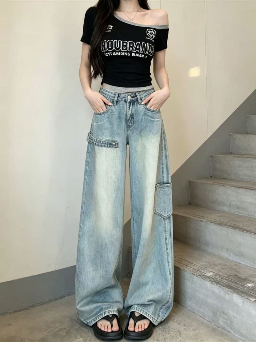하늘색 워크웨어 기타 주머니 넓은 다리 청바지 여성 아메리칸 레트로 워싱 마 오래된 슬림해 보이는 도루 센스 바닥 청소 롱 바지