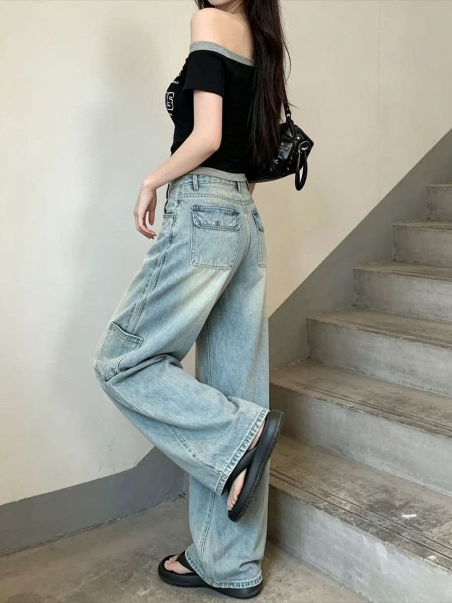 하늘색 워크웨어 기타 주머니 넓은 다리 청바지 여성 아메리칸 레트로 워싱 마 오래된 슬림해 보이는 도루 센스 바닥 청소 롱 바지 이미지 3