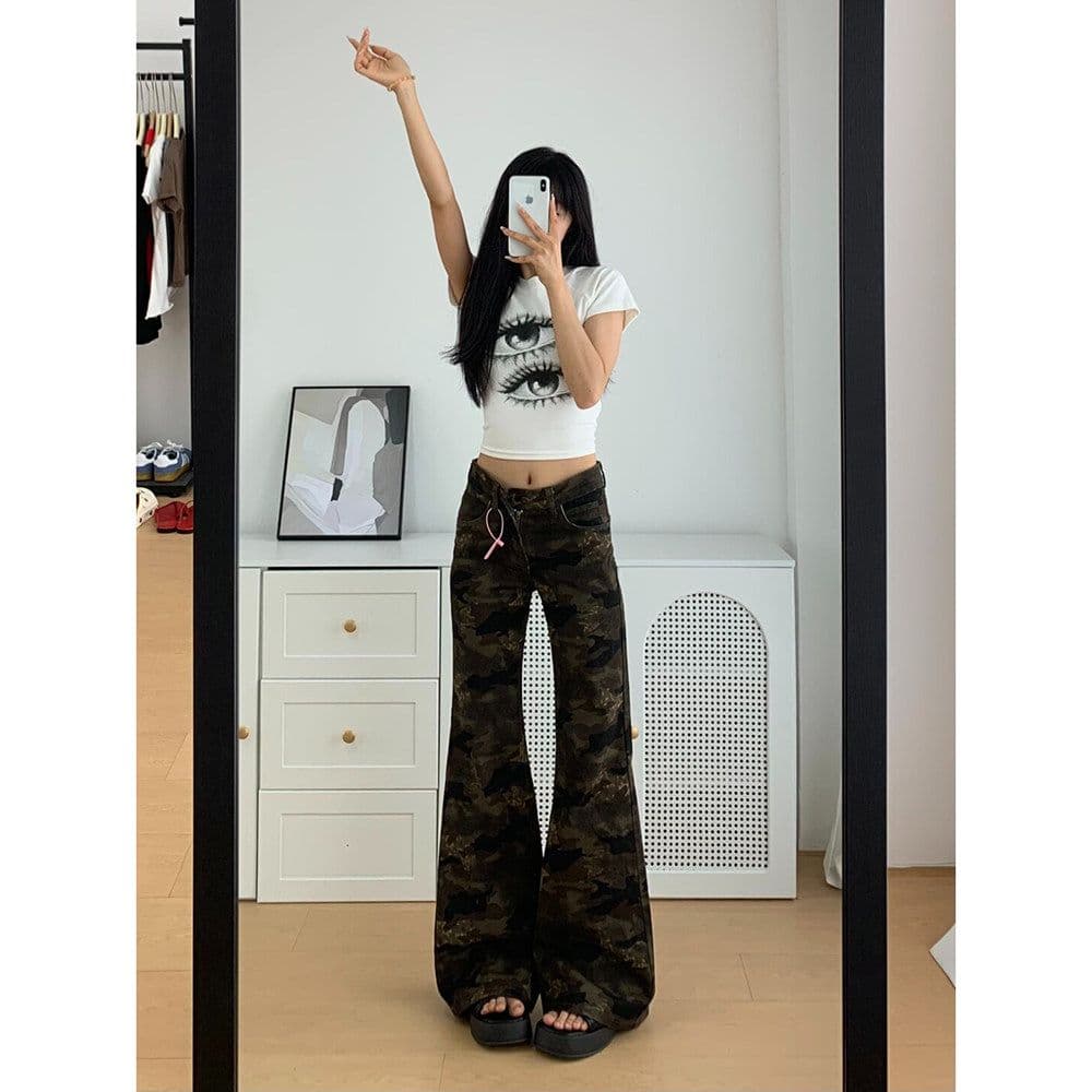 아메리칸 레트로 워크웨어 부츠컷 카모플라주 청바지 여성 여름 2026 새로운 로우 웨이스트 몸매 가꾸기 아니요 막대기 다리 나팔 바지 이미지 4