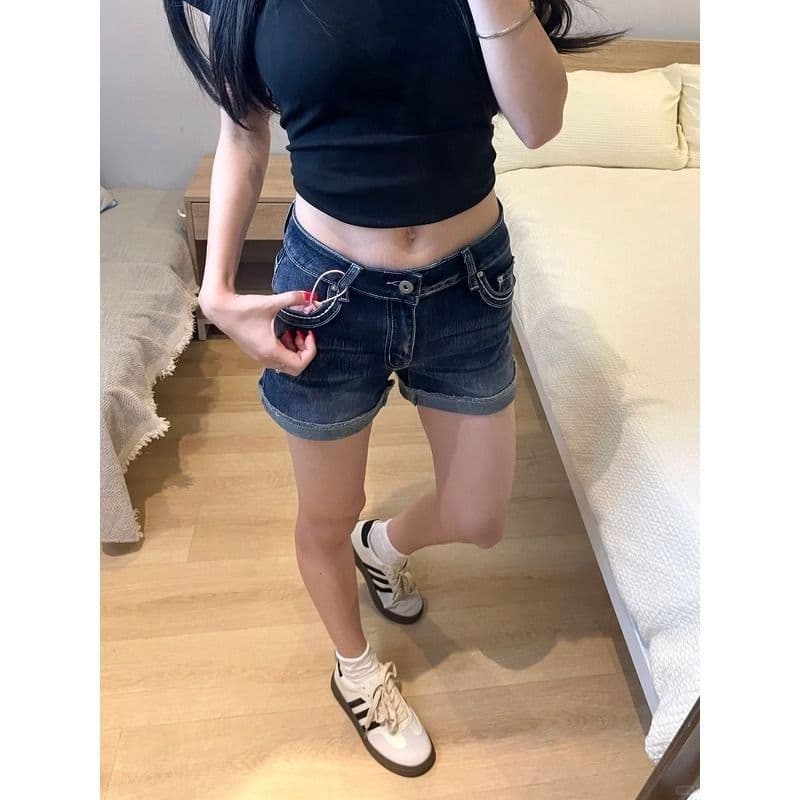 작은 키 레트로 워싱 블루 회색 로우 웨이스트 스트레이트 데님 반바지 여성 여름 섹션 볼륨 측면 몸매 가꾸기 신축성 뜨거운 바지 이미지 4