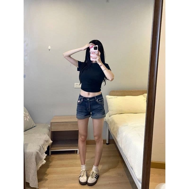 작은 키 레트로 워싱 블루 회색 로우 웨이스트 스트레이트 데님 반바지 여성 여름 섹션 볼륨 측면 몸매 가꾸기 신축성 뜨거운 바지 이미지 2