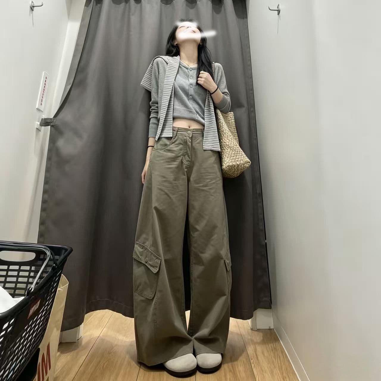 아메리칸 핫걸 워싱 회색 녹색 다용도 하이웨이스트 모통이 칼 워크웨어 모통이 칼 청바지 여성 여름 패션 롱 바지 이미지 2