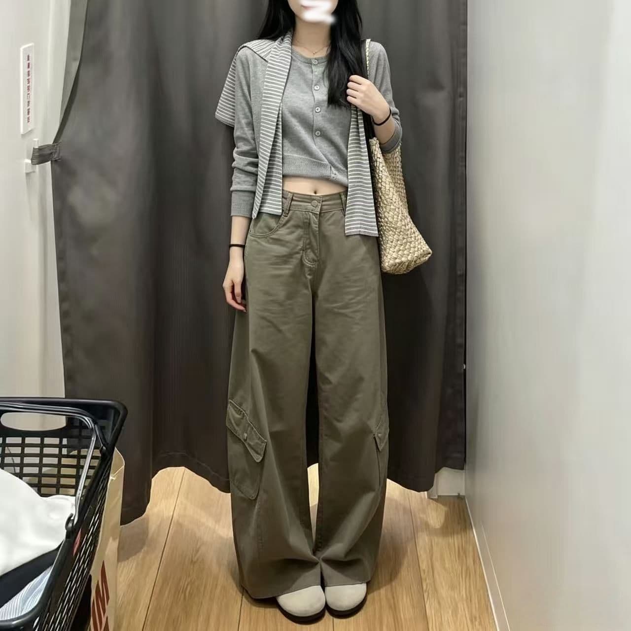 아메리칸 핫걸 워싱 회색 녹색 다용도 하이웨이스트 모통이 칼 워크웨어 모통이 칼 청바지 여성 여름 패션 롱 바지 이미지 5