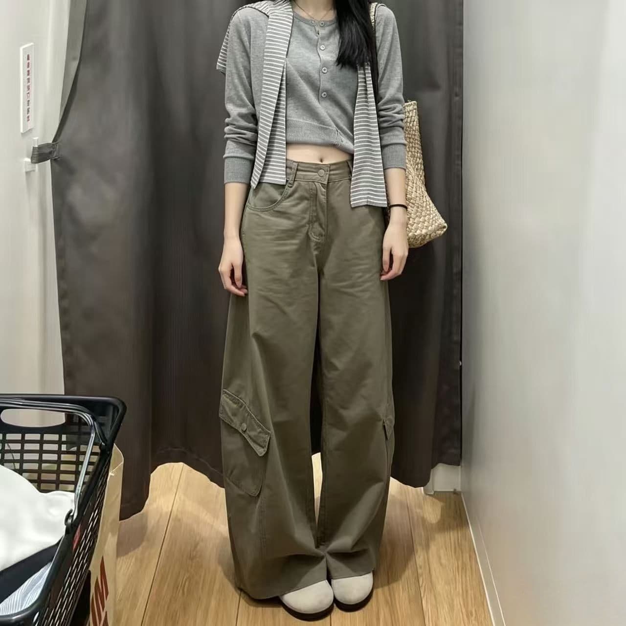 아메리칸 핫걸 워싱 회색 녹색 다용도 하이웨이스트 모통이 칼 워크웨어 모통이 칼 청바지 여성 여름 패션 롱 바지 상세 이미지 1