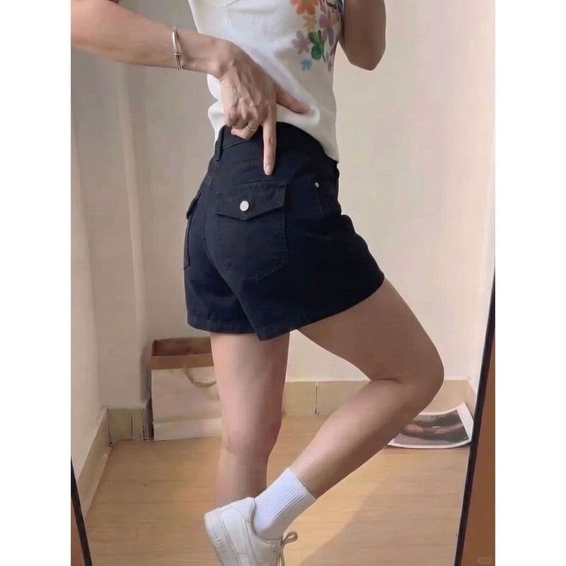 작은 키 카키 색 워싱 디자인 스트레이트 데님 반바지 여성 여름 이후 주머니 플립 커버 하이웨이스트 루즈핏 핫 바지 상세 이미지 7