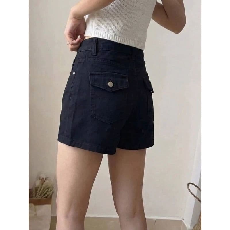 작은 키 카키 색 워싱 디자인 스트레이트 데님 반바지 여성 여름 이후 주머니 플립 커버 하이웨이스트 루즈핏 핫 바지 상세 이미지 8
