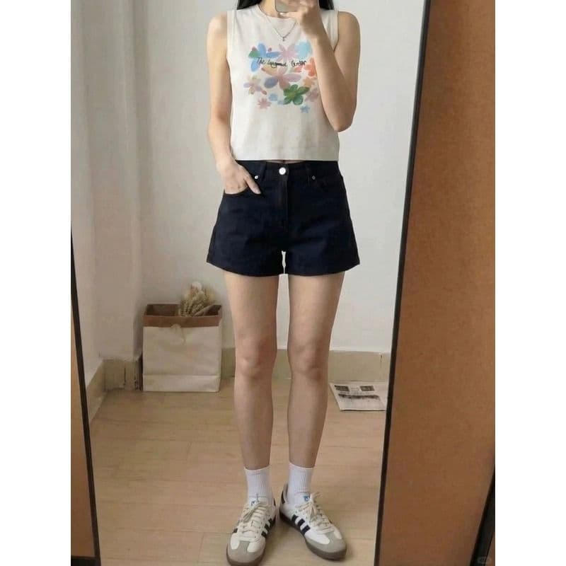 작은 키 카키 색 워싱 디자인 스트레이트 데님 반바지 여성 여름 이후 주머니 플립 커버 하이웨이스트 루즈핏 핫 바지 상세 이미지 9