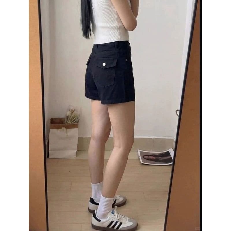 작은 키 아메리칸 카키 색 이후 주머니 플립 커버 하이웨이스트 스트레이트 데님 반바지 여성 여름 캐주얼 루즈핏 핫 바지 상세 이미지 10