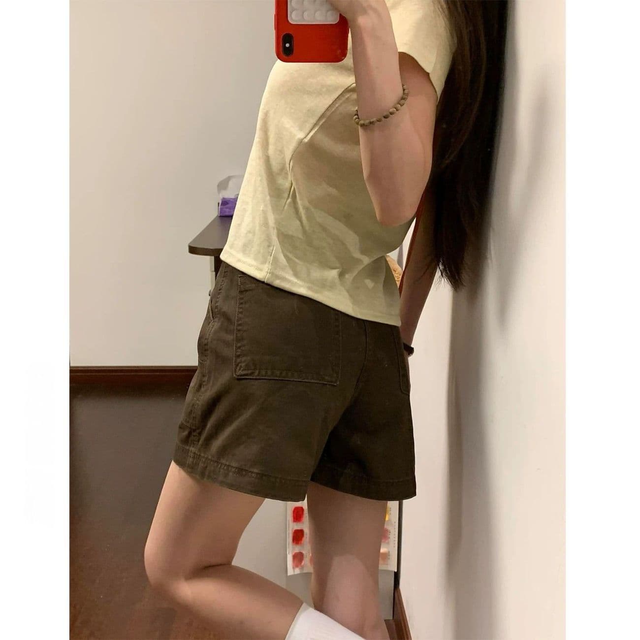 작은 키 레트로 브라운 하이웨이스트 워크웨어 스트레이트 데님 반바지 여성 여름 핫걸 루즈핏 슬림해 보이는 뜨거운 바지 이미지 3