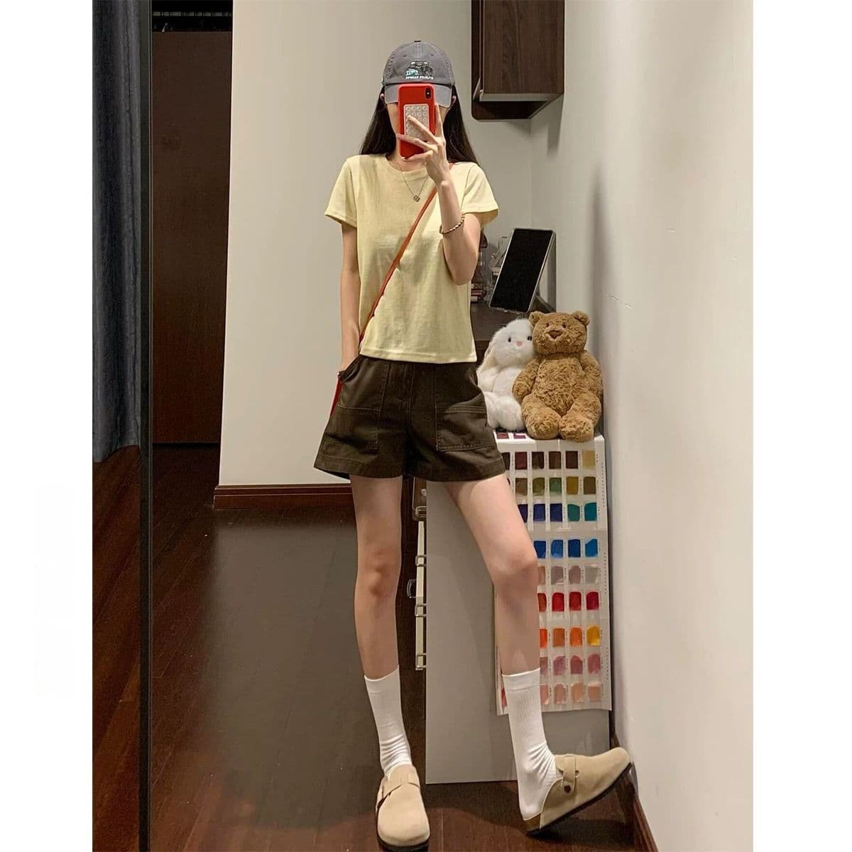 작은 키 레트로 브라운 하이웨이스트 워크웨어 스트레이트 데님 반바지 여성 여름 핫걸 루즈핏 슬림해 보이는 뜨거운 바지 상세 이미지 4