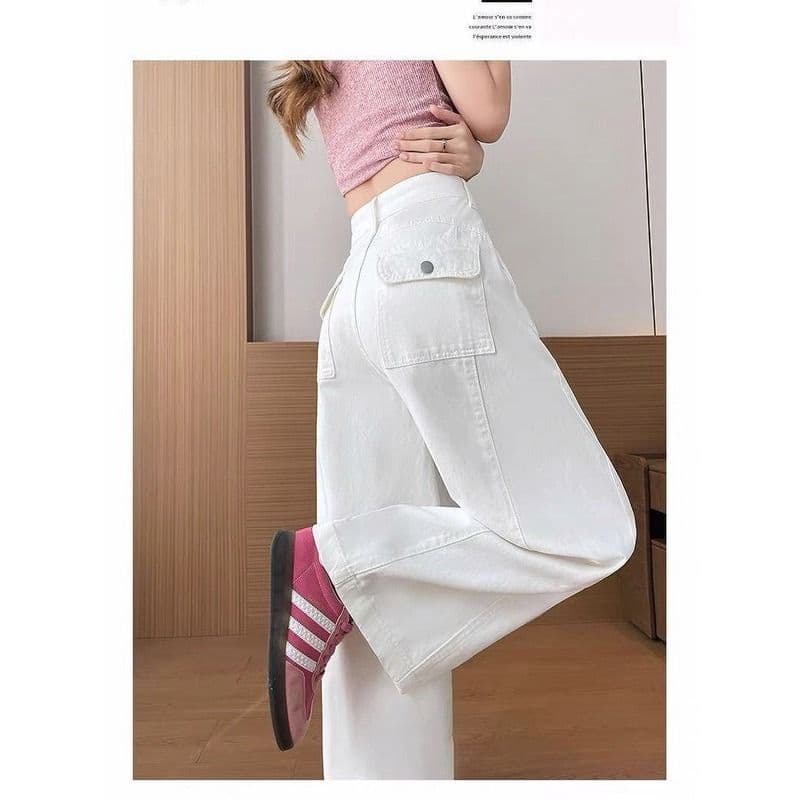 작은 키 높음 거리 화이트 루즈핏 모통이 칼 넓은 다리 청바지 여성 여름 새로운 디자인 센스 하이웨이스트 루즈핏 긴 바지 이미지 2