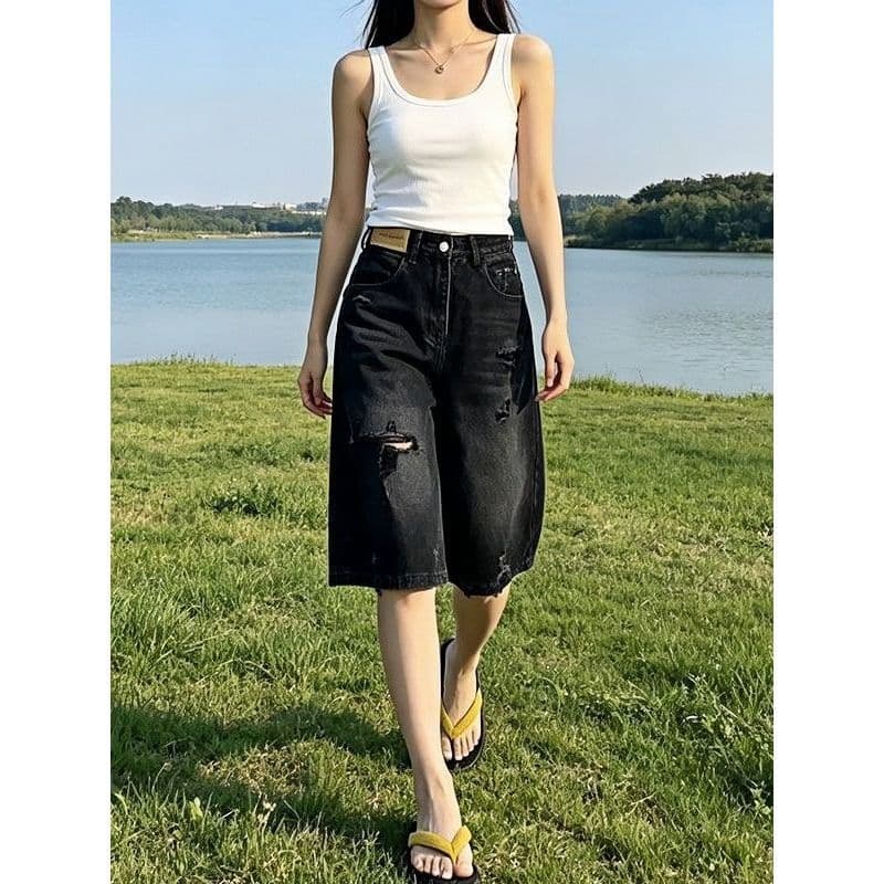 작은 키 레트로 블루 이후 주머니 플립 커버 찢어진 워싱 넓은 다리 데님 반바지 여성 여름 새로운 5 점 바지 상세 이미지 8