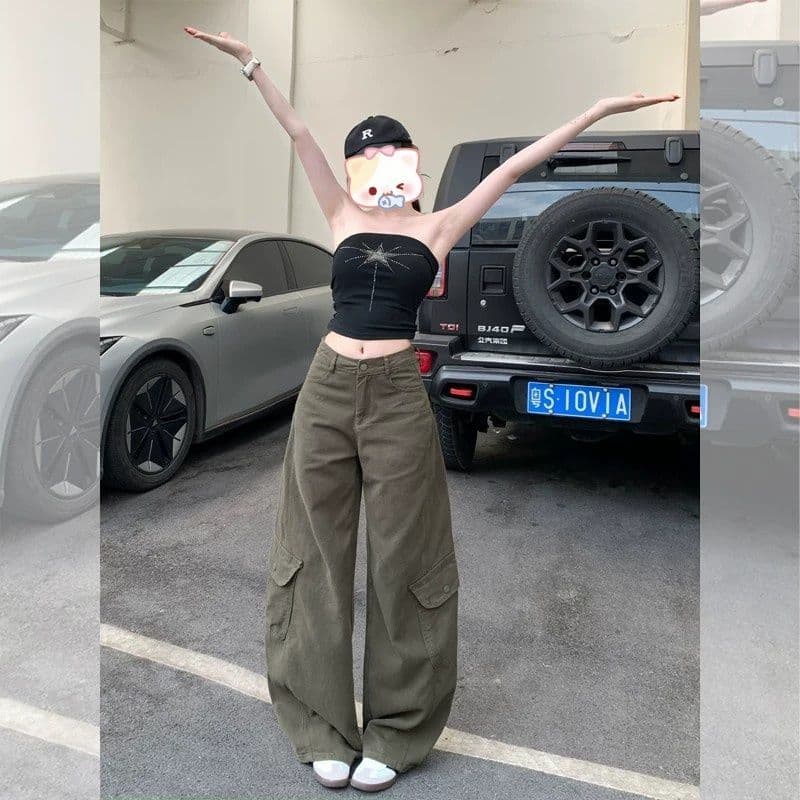 아메리칸 레트로 회색 녹색 워크웨어 청바지 여성 2026 여름 새로운 루즈핏 패션 다용도 디자인 와이드 레그 팬츠 이미지 2