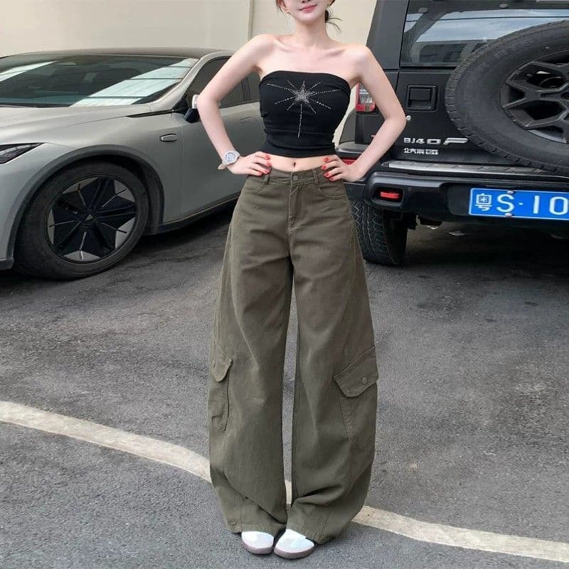 아메리칸 레트로 회색 녹색 워크웨어 청바지 여성 2026 여름 새로운 루즈핏 패션 다용도 디자인 와이드 레그 팬츠 상세 이미지 8