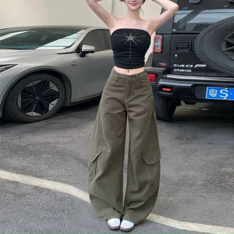 아메리칸 레트로 회색 녹색 워크웨어 청바지 여성 2026 여름 새로운 루즈핏 패션 다용도 디자인 와이드 레그 팬츠 상세 이미지 10