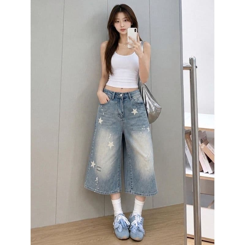 작은 키 하늘색 캐주얼 별 프린트 찢어진 부분 워싱 스트레이트 데님 반바지 여성 여름 찢어진 7부 바지 상세 이미지 4