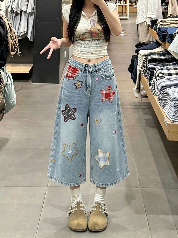 아메리칸 도파민 별 패치 자수 7 점 청바지 여성 여름 새로운 루즈핏 슬림해 보이는 넓은 다리 7부 바지 상세 이미지 3